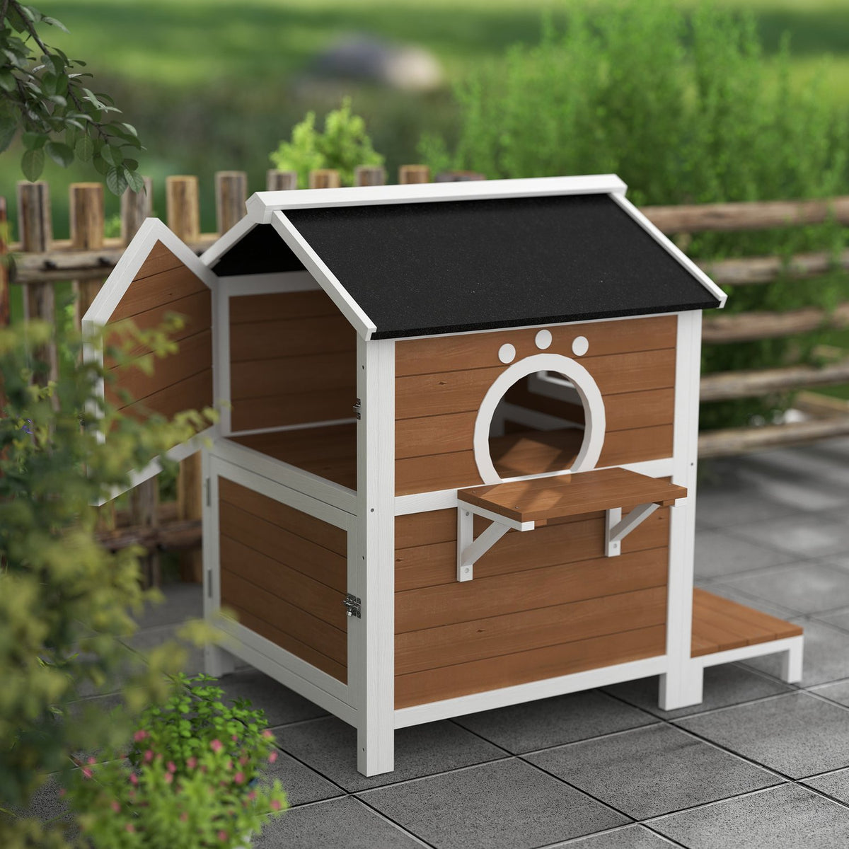  Wooden Cat House Cat Cave with Window Balcony Weatherproof Cat House with 2 Levels Removable Base for 1-2 Cats Indoor Outdoor 66 x 66 x 90 cm Brown
