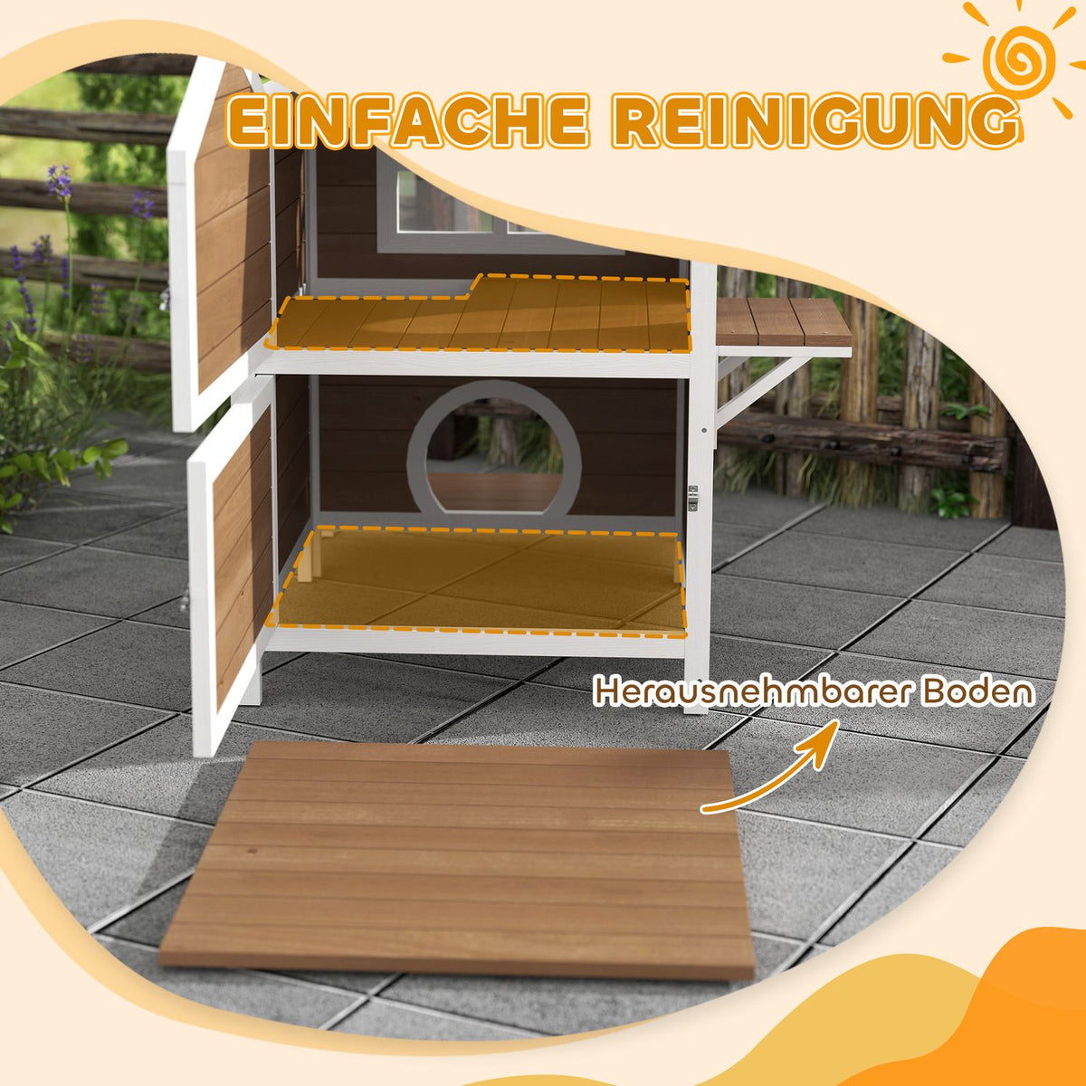  Wooden Cat House Cat Cave with Window Balcony Weatherproof Cat House with 2 Levels Removable Base for 1-2 Cats Indoor Outdoor 66 x 66 x 90 cm Brown