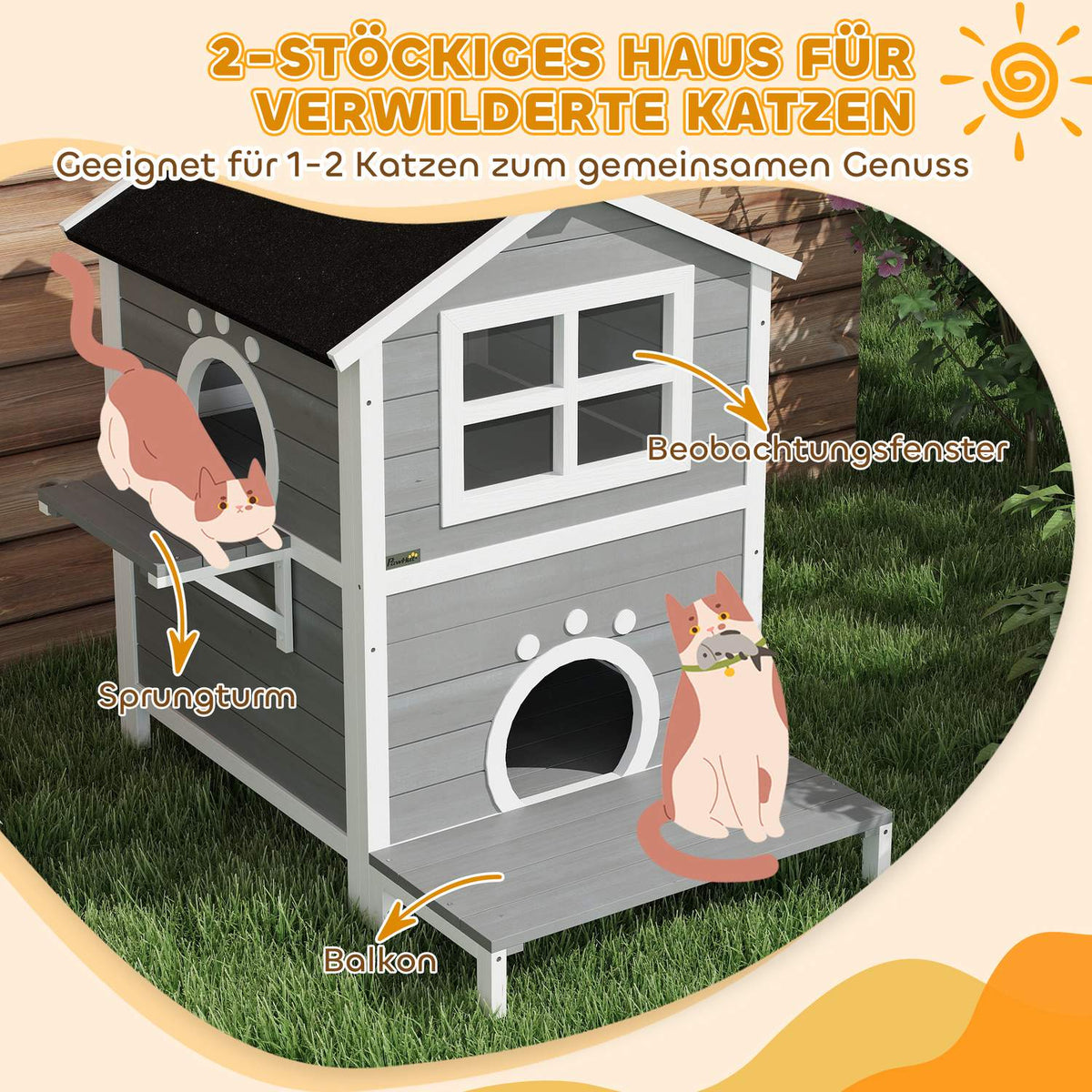  Wooden Cat House Cat Cave with Window Balcony Weatherproof Cat House with 2 Levels Removable Base for 1-2 Cats Indoor Outdoor 66 x 66 x 90 cm Gray