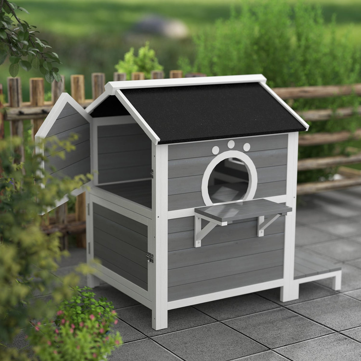  Wooden Cat House Cat Cave with Window Balcony Weatherproof Cat House with 2 Levels Removable Base for 1-2 Cats Indoor Outdoor 66 x 66 x 90 cm Gray
