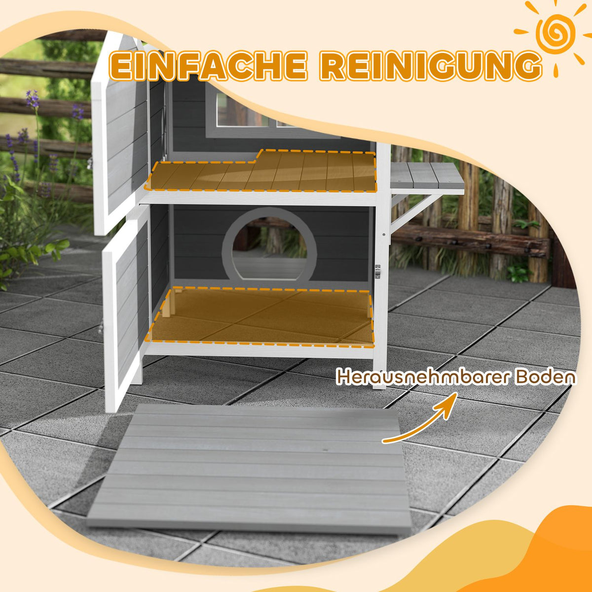  Wooden Cat House Cat Cave with Window Balcony Weatherproof Cat House with 2 Levels Removable Base for 1-2 Cats Indoor Outdoor 66 x 66 x 90 cm Gray