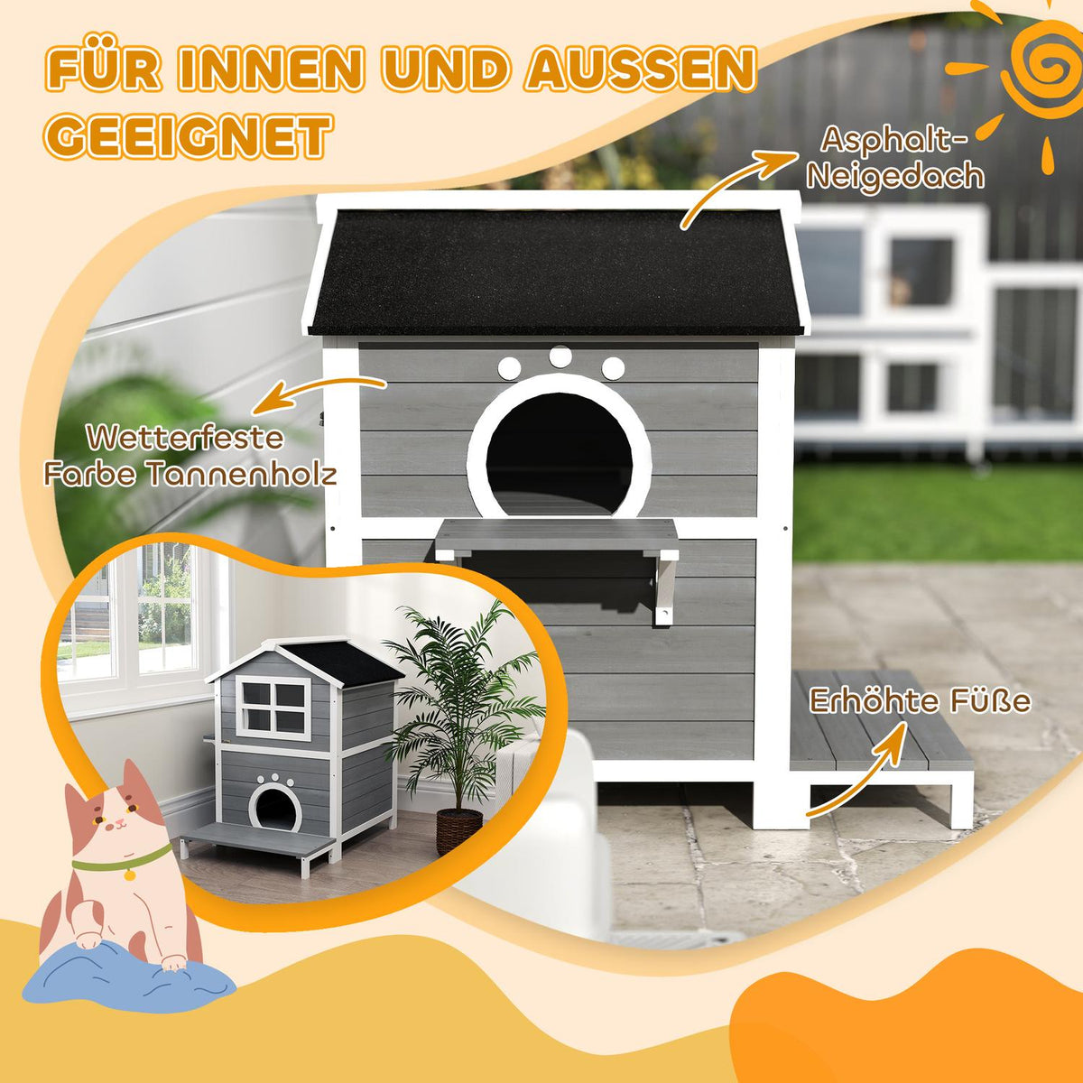  Wooden Cat House Cat Cave with Window Balcony Weatherproof Cat House with 2 Levels Removable Base for 1-2 Cats Indoor Outdoor 66 x 66 x 90 cm Gray