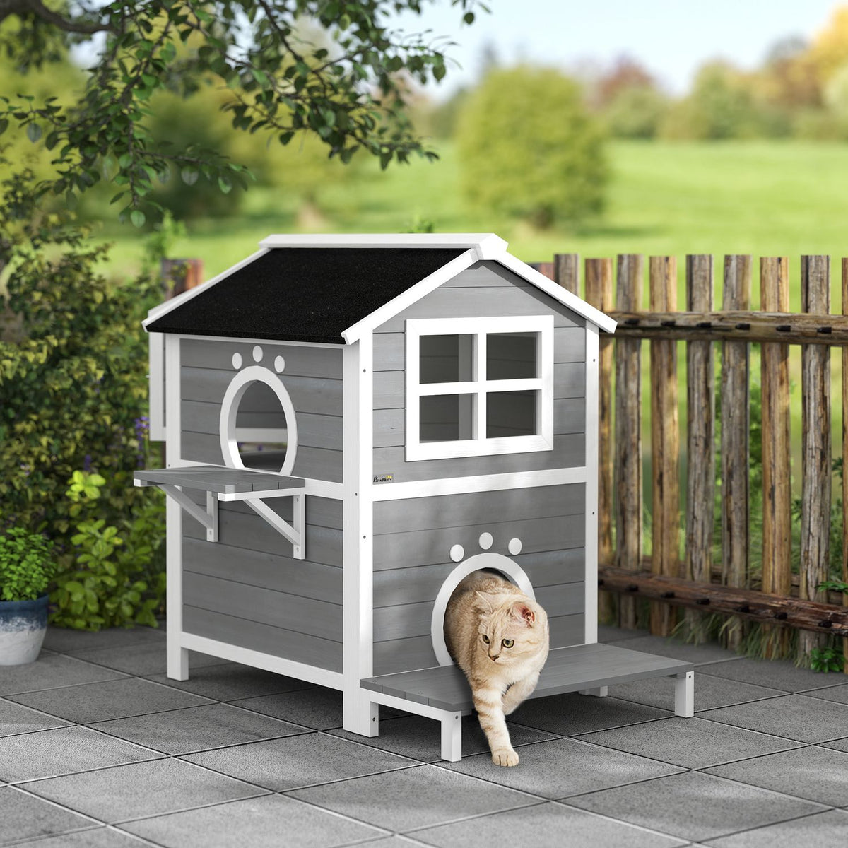  Wooden Cat House Cat Cave with Window Balcony Weatherproof Cat House with 2 Levels Removable Base for 1-2 Cats Indoor Outdoor 66 x 66 x 90 cm Gray