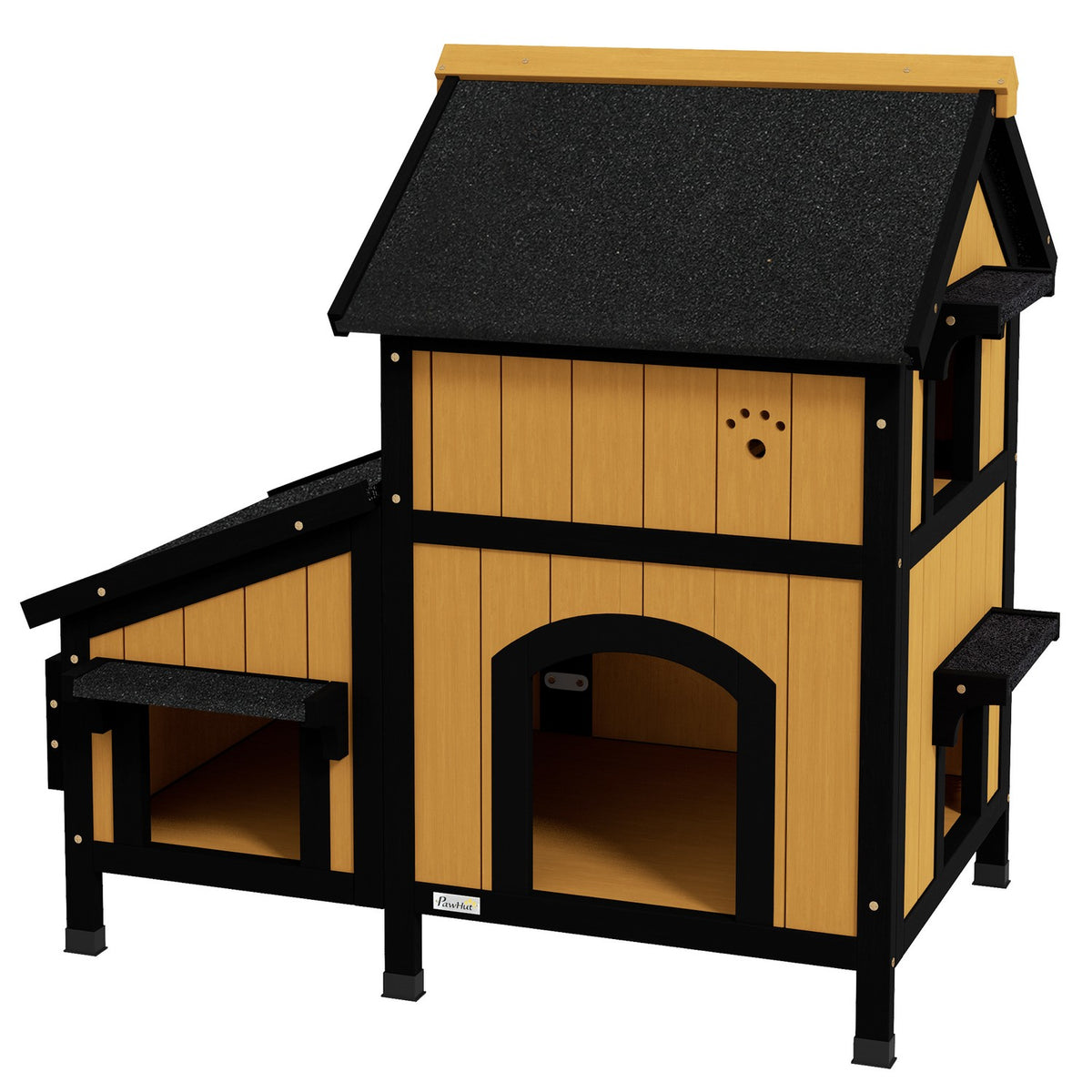 Wooden Cat House Multi-Entrance 2 Tier Outdoor Cat Cave With Asphalt Roof For Cats Up To 7Kg Yellow