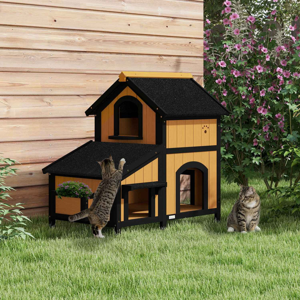 Wooden Cat House Multi-Entrance 2 Tier Outdoor Cat Cave With Asphalt Roof For Cats Up To 7Kg Yellow