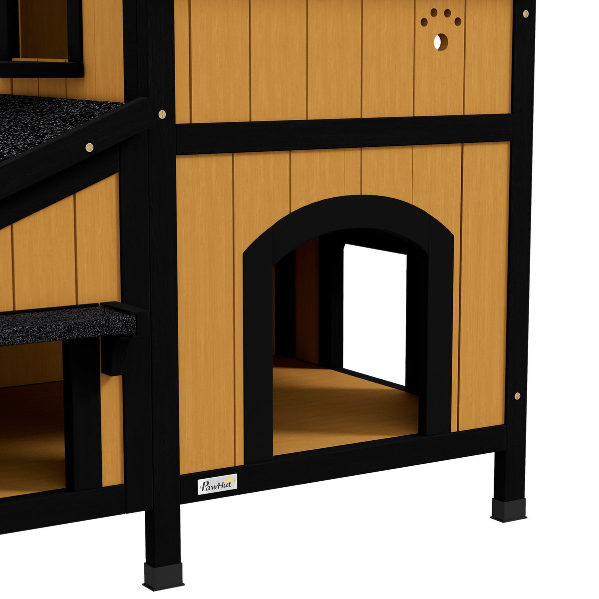 Wooden Cat House Multi-Entrance 2 Tier Outdoor Cat Cave With Asphalt Roof For Cats Up To 7Kg Yellow