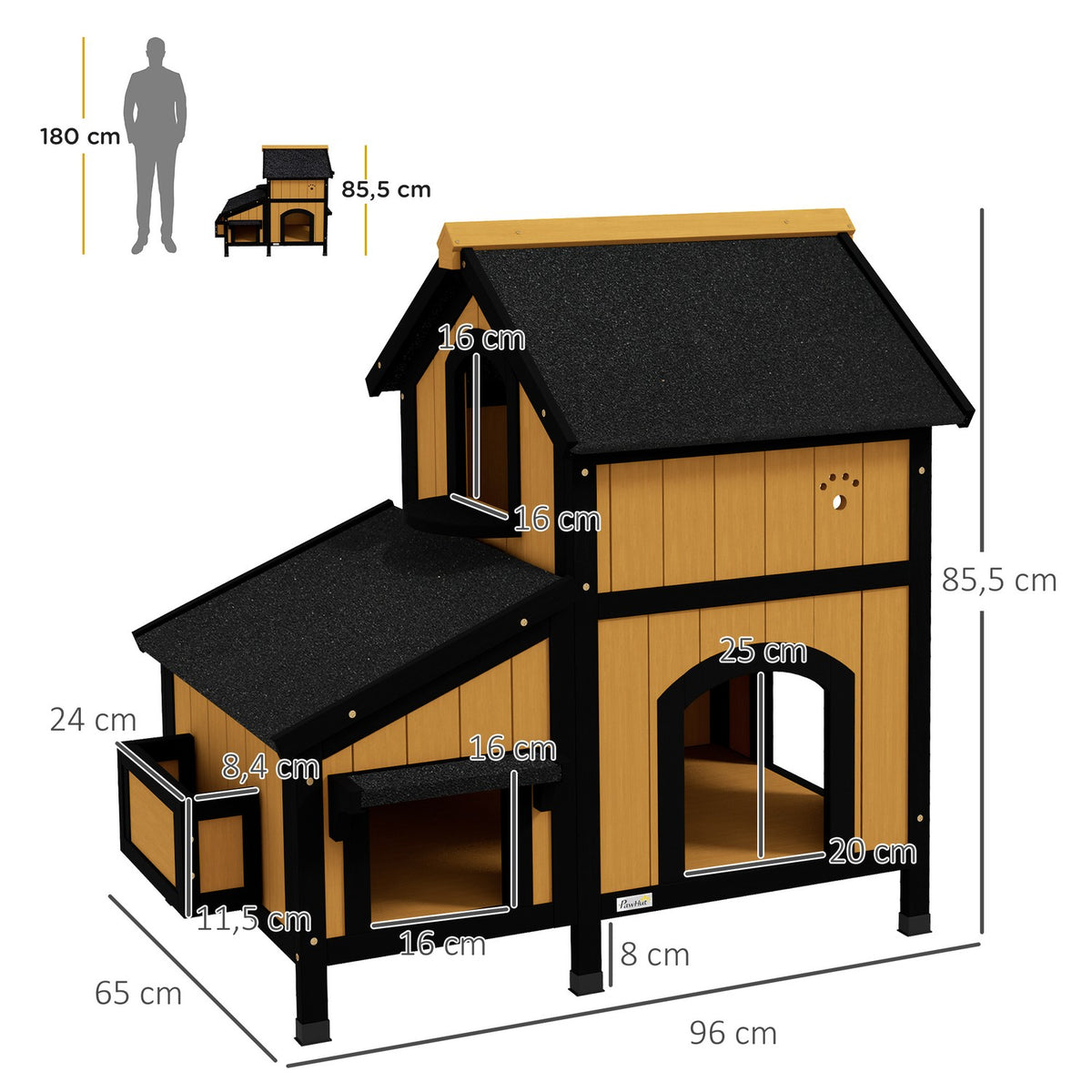 Wooden Cat House Multi-Entrance 2 Tier Outdoor Cat Cave With Asphalt Roof For Cats Up To 7Kg Yellow