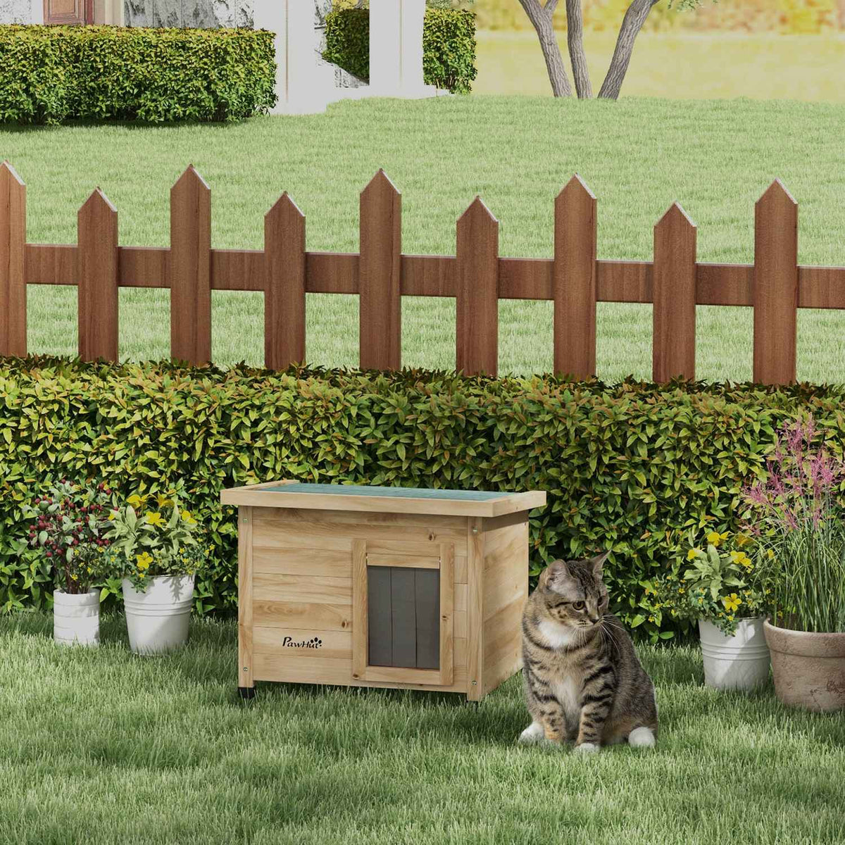 Wooden Cat House, Outdoor Cat House, Cat Cave With Door Curtain, Small Animal House With Raised Design, Yellow, 57 X 45 X 43 Cm
