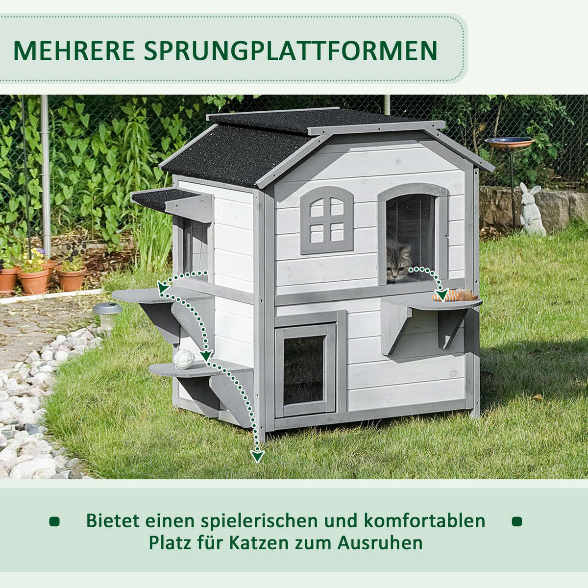 Wooden Cat House, Outdoor Cat House With Stairs, 2 Levels, Small Animal House For Cats Up To 4.5 Kg, White, 78 X 55.5 X 91 Cm