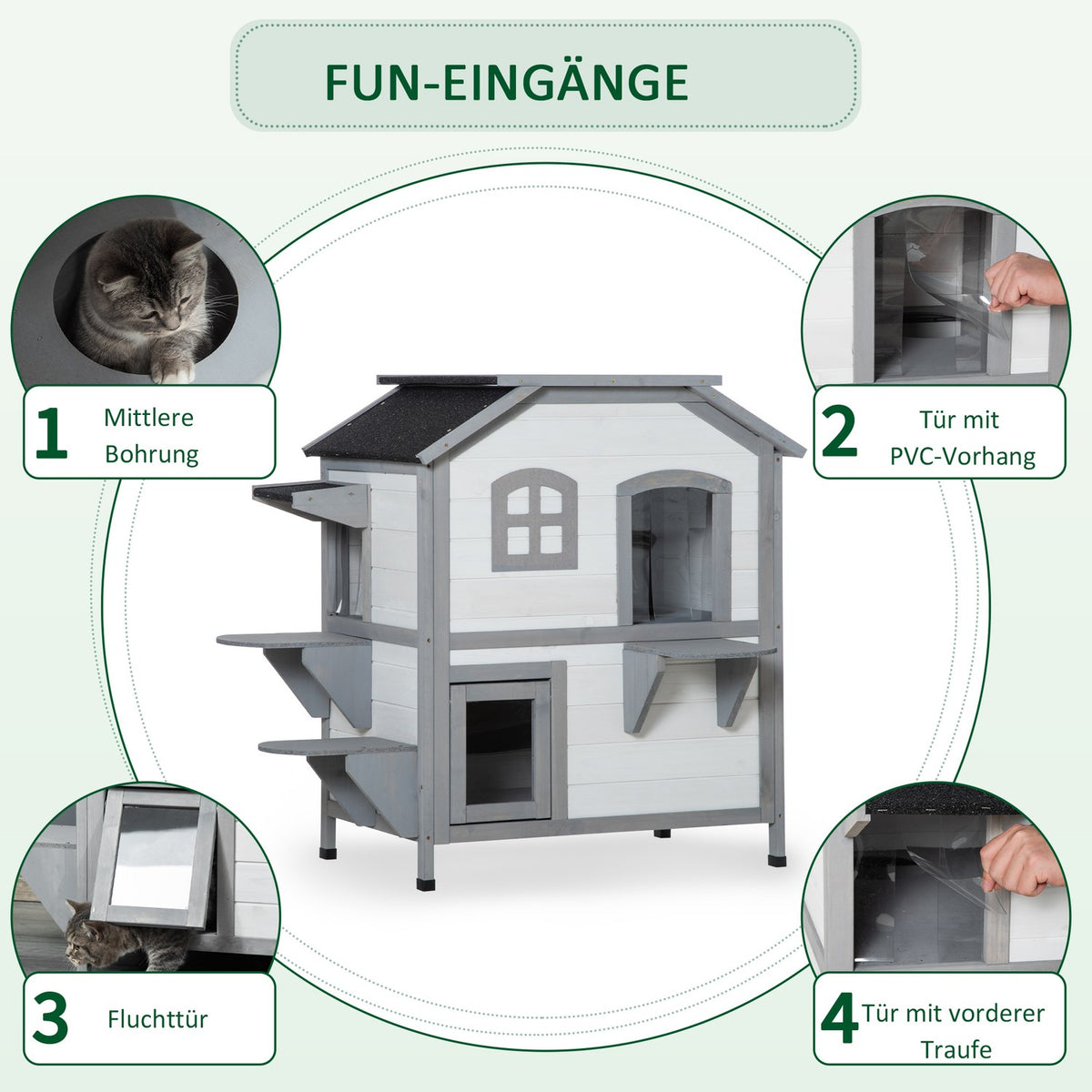 Wooden Cat House, Outdoor Cat House With Stairs, 2 Levels, Small Animal House For Cats Up To 4.5 Kg, White, 78 X 55.5 X 91 Cm