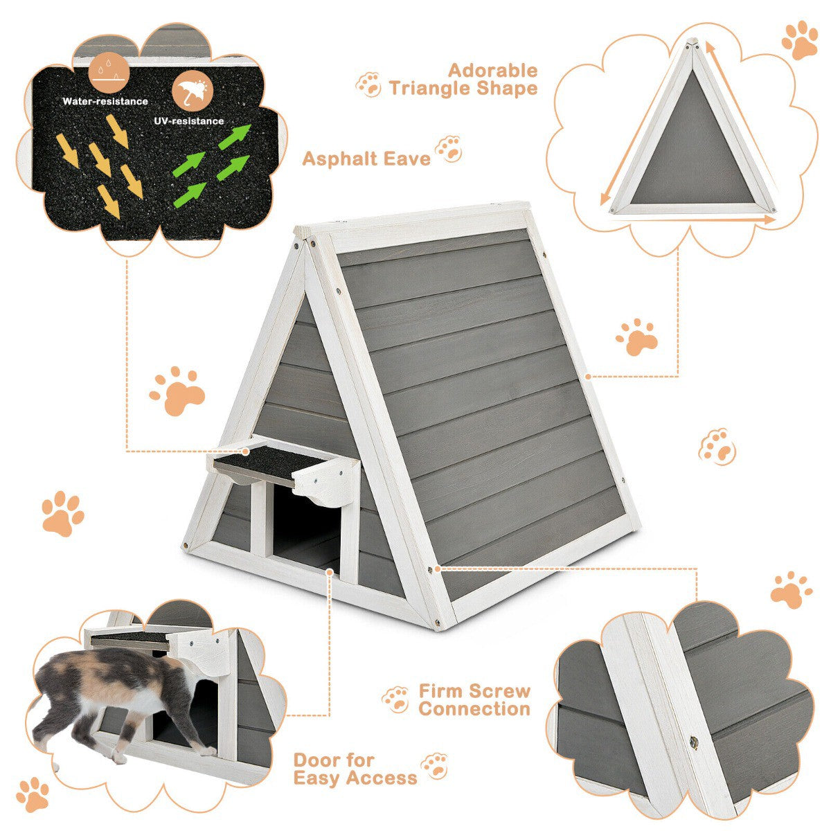 Wooden Cat House, Weatherproof Asphalt Roof, Grey