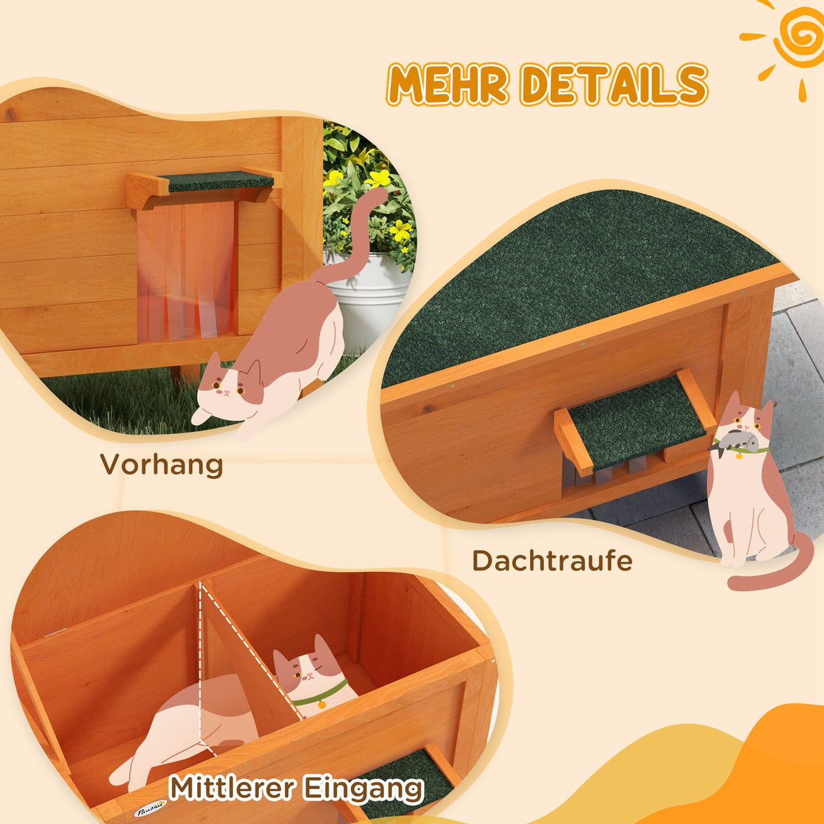 Wooden Cat House with Door Curtain Outdoor, Insulated, Elevated Design, for Small Animals, Orange, 60x60x81.5cm