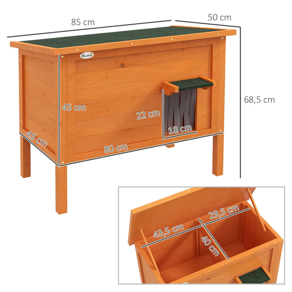 Wooden Cat House with Door Curtain Outdoor, Insulated, Elevated Design, for Small Animals, Orange, 60x60x81.5cm