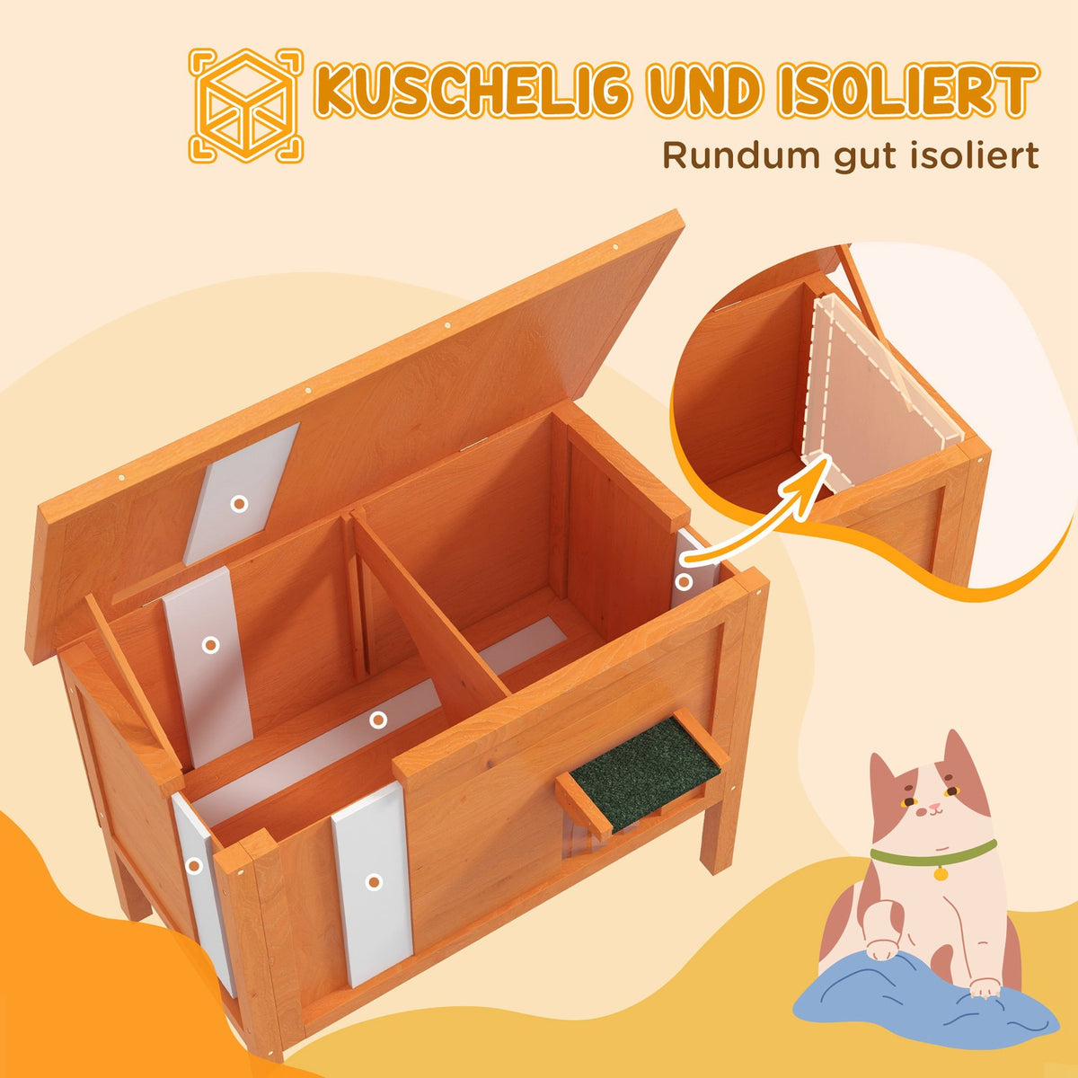 Wooden Cat House with Door Curtain Outdoor, Insulated, Elevated Design, for Small Animals, Orange, 60x60x81.5cm