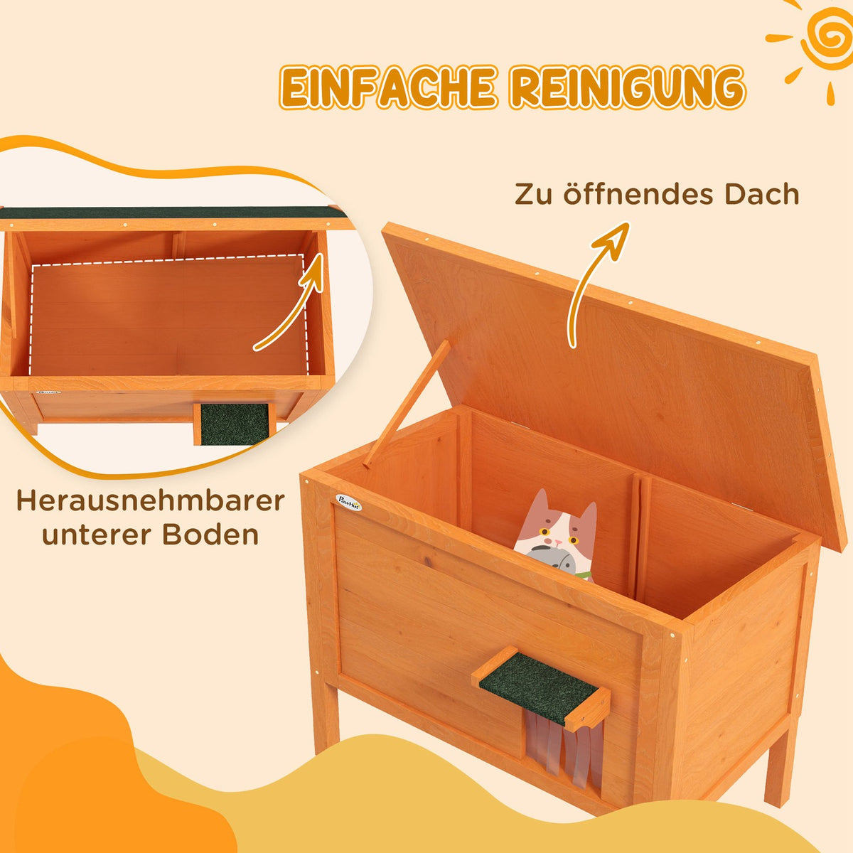 Wooden Cat House with Door Curtain Outdoor, Insulated, Elevated Design, for Small Animals, Orange, 60x60x81.5cm