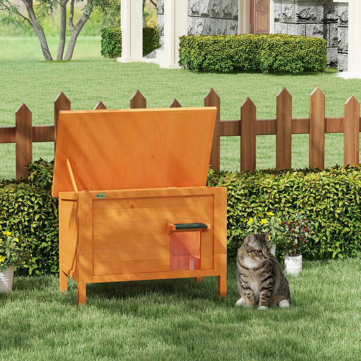 Wooden Cat House with Door Curtain Outdoor, Insulated, Elevated Design, for Small Animals, Orange, 60x60x81.5cm