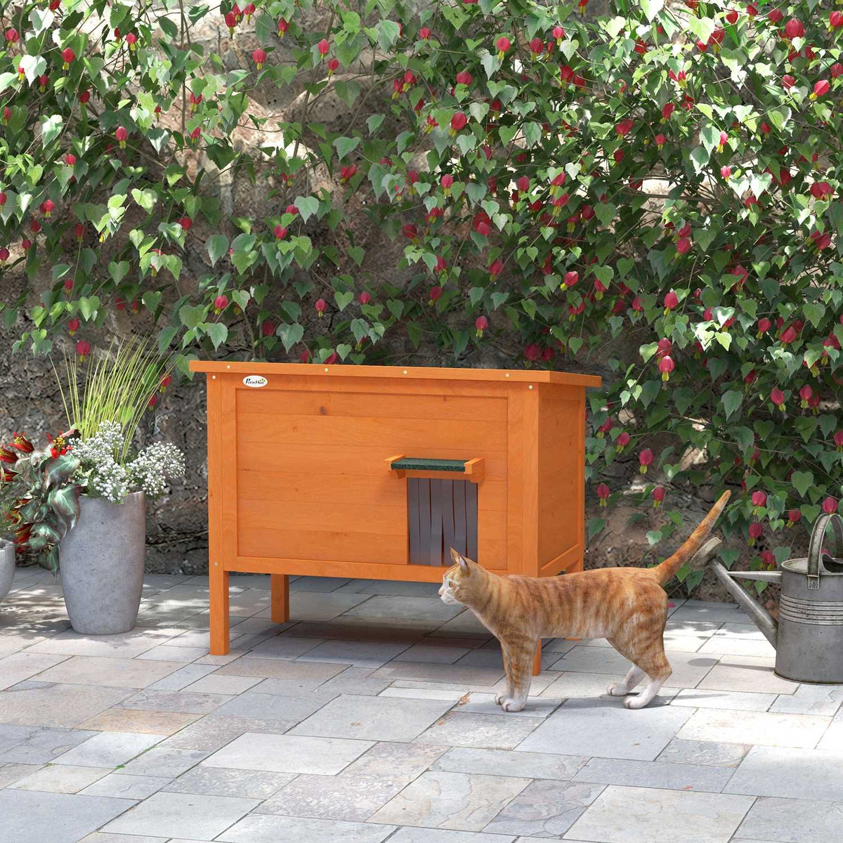Wooden Cat House with Door Curtain Outdoor, Insulated, Elevated Design, for Small Animals, Orange, 60x60x81.5cm