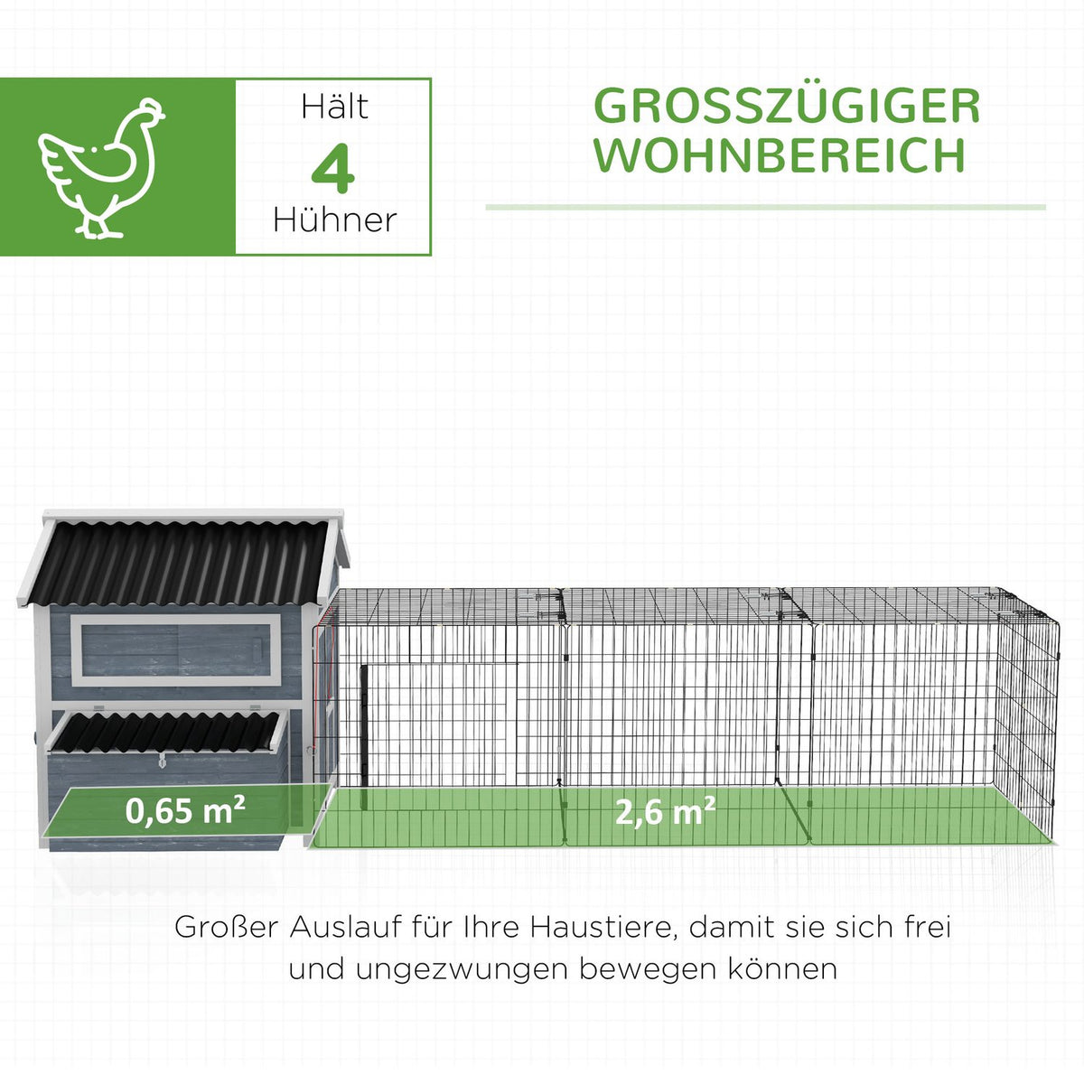 Wooden Chicken Coop Chicken House With Nesting Box, Free Run Run For 3-4 Chickens Playpen With Tray, Dark Gray, 334 X 150 X 108 Cm