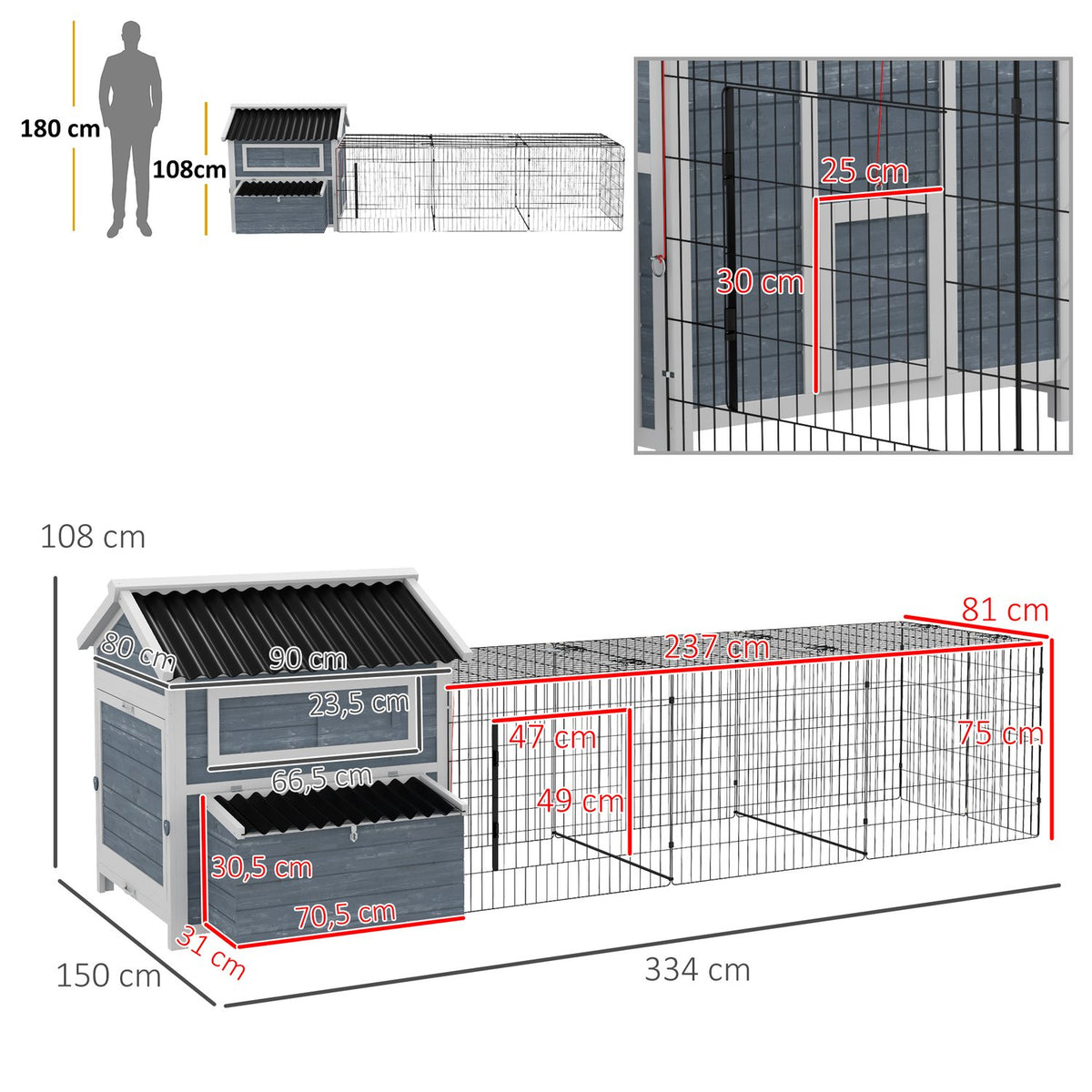 Wooden Chicken Coop Chicken House With Nesting Box, Free Run Run For 3-4 Chickens Playpen With Tray, Dark Gray, 334 X 150 X 108 Cm