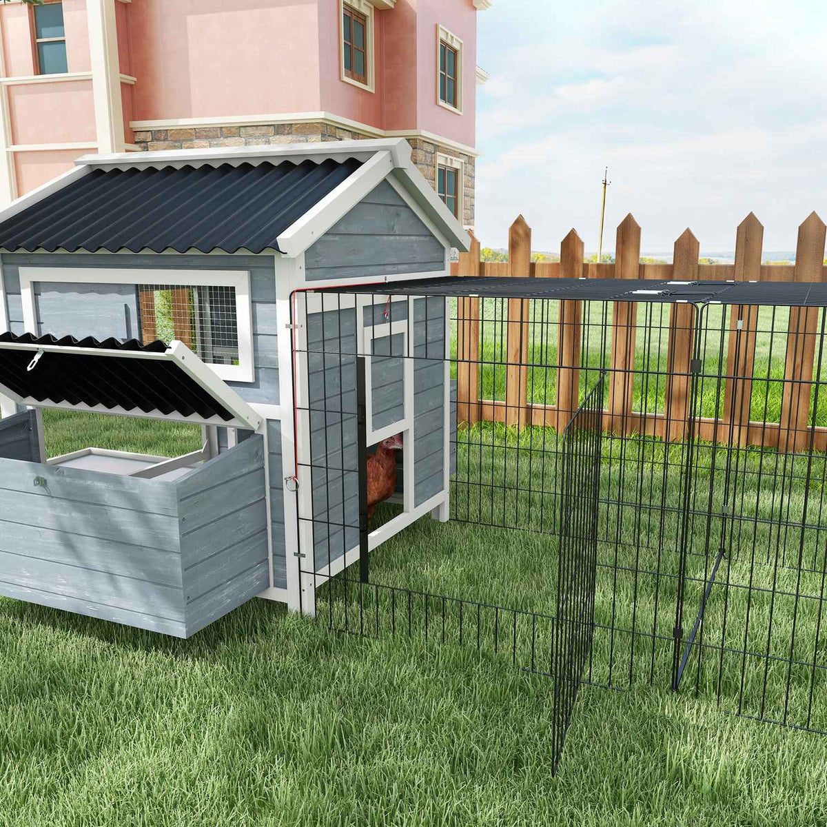 Wooden Chicken Coop Chicken House With Nesting Box, Free Run Run For 3-4 Chickens Playpen With Tray, Dark Gray, 334 X 150 X 108 Cm