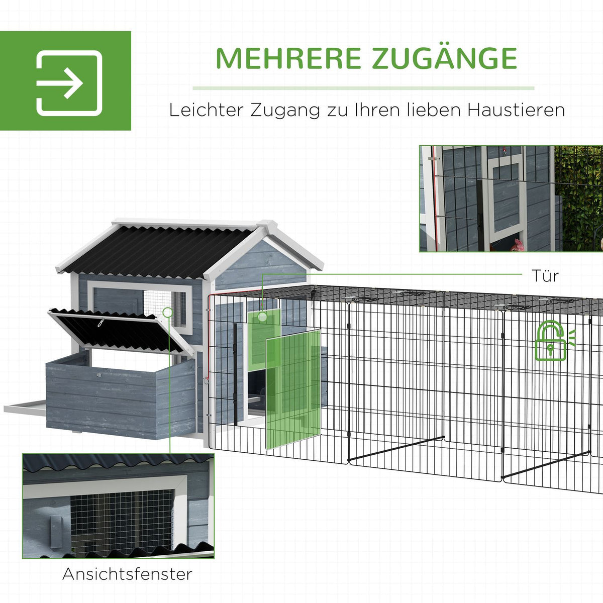 Wooden Chicken Coop Chicken House With Nesting Box, Free Run Run For 3-4 Chickens Playpen With Tray, Dark Gray, 334 X 150 X 108 Cm