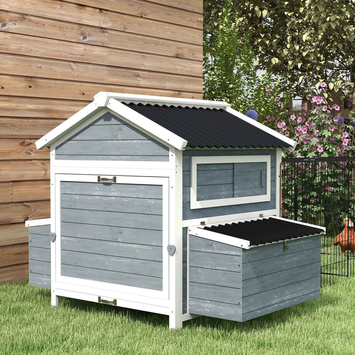 Wooden Chicken Coop Chicken House With Nesting Box, Free Run Run For 3-4 Chickens Playpen With Tray, Dark Gray, 334 X 150 X 108 Cm