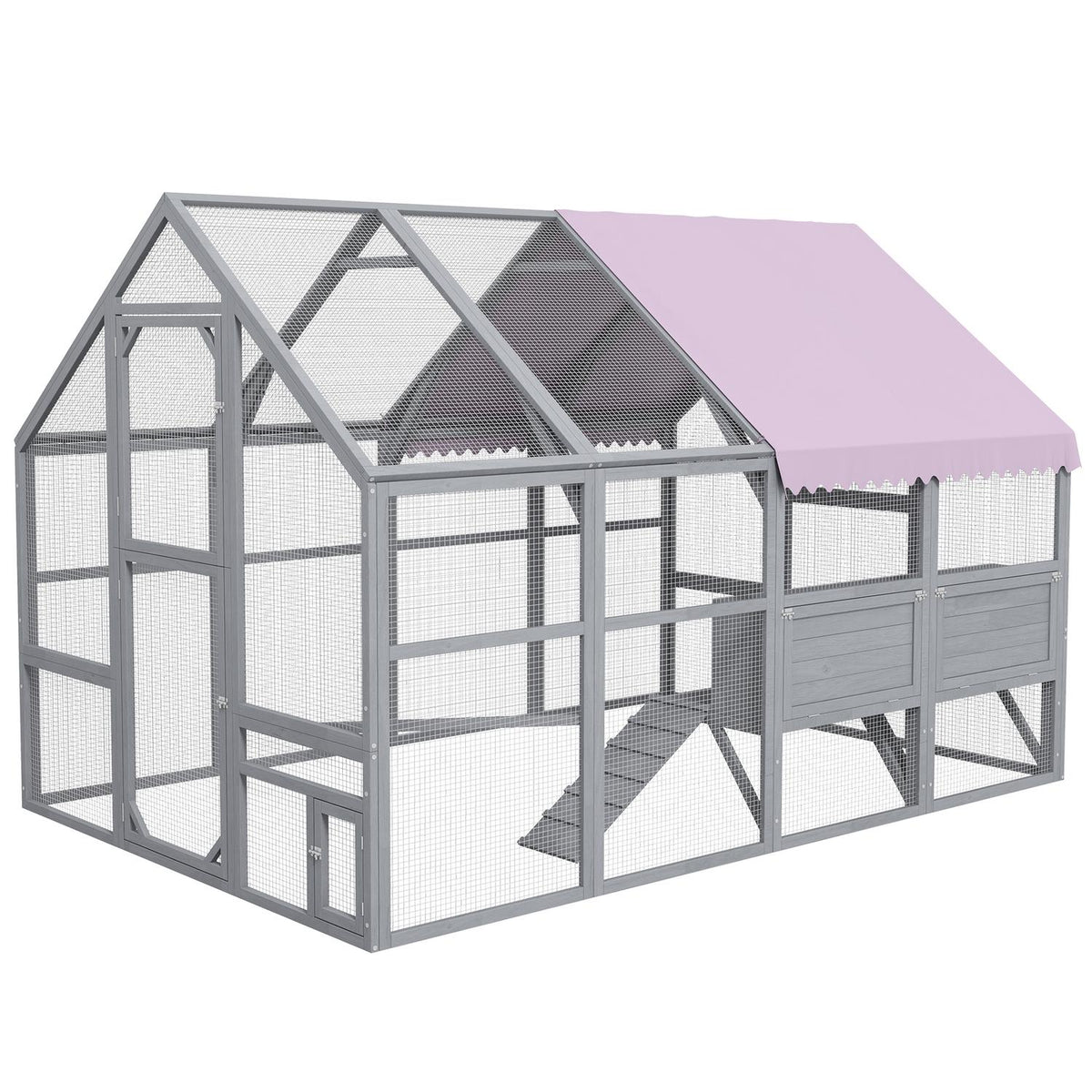 Wooden Chicken Coop Outdoor Run, 280 X 185.5 X 188 Cm Chicken Cage With Door, Nesting Box, Roof, Ramp, Outdoor Enclosure For 8-12 Chickens, Grey