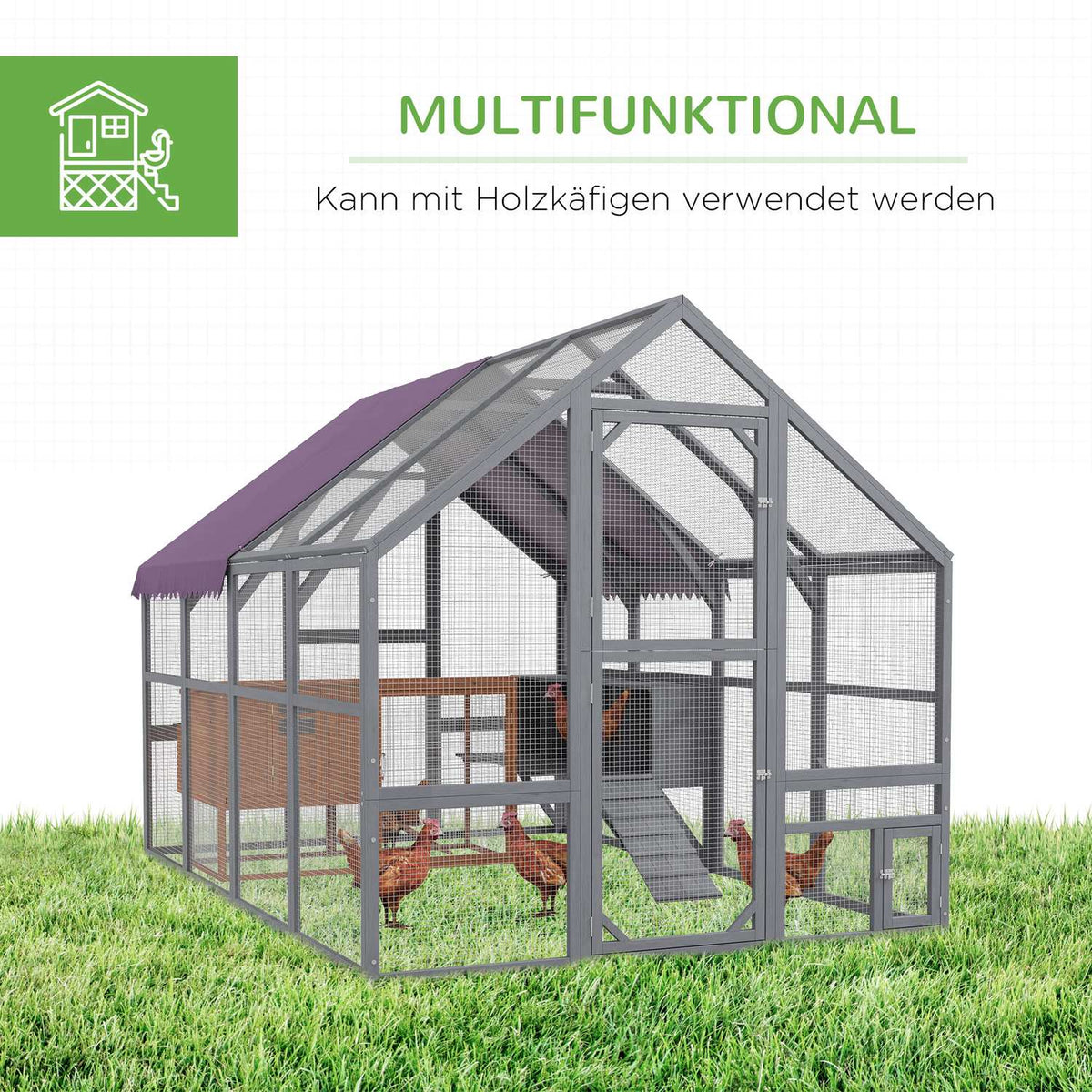 Wooden Chicken Coop Outdoor Run, 280 X 185.5 X 188 Cm Chicken Cage With Door, Nesting Box, Roof, Ramp, Outdoor Enclosure For 8-12 Chickens, Grey