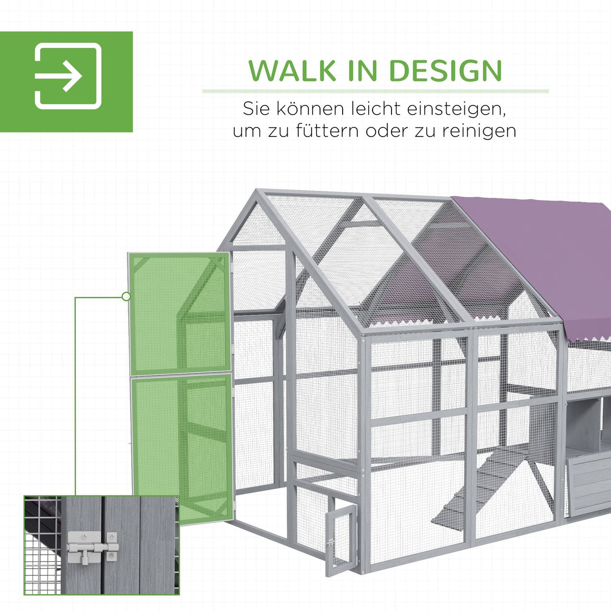 Wooden Chicken Coop Outdoor Run, 280 X 185.5 X 188 Cm Chicken Cage With Door, Nesting Box, Roof, Ramp, Outdoor Enclosure For 8-12 Chickens, Grey