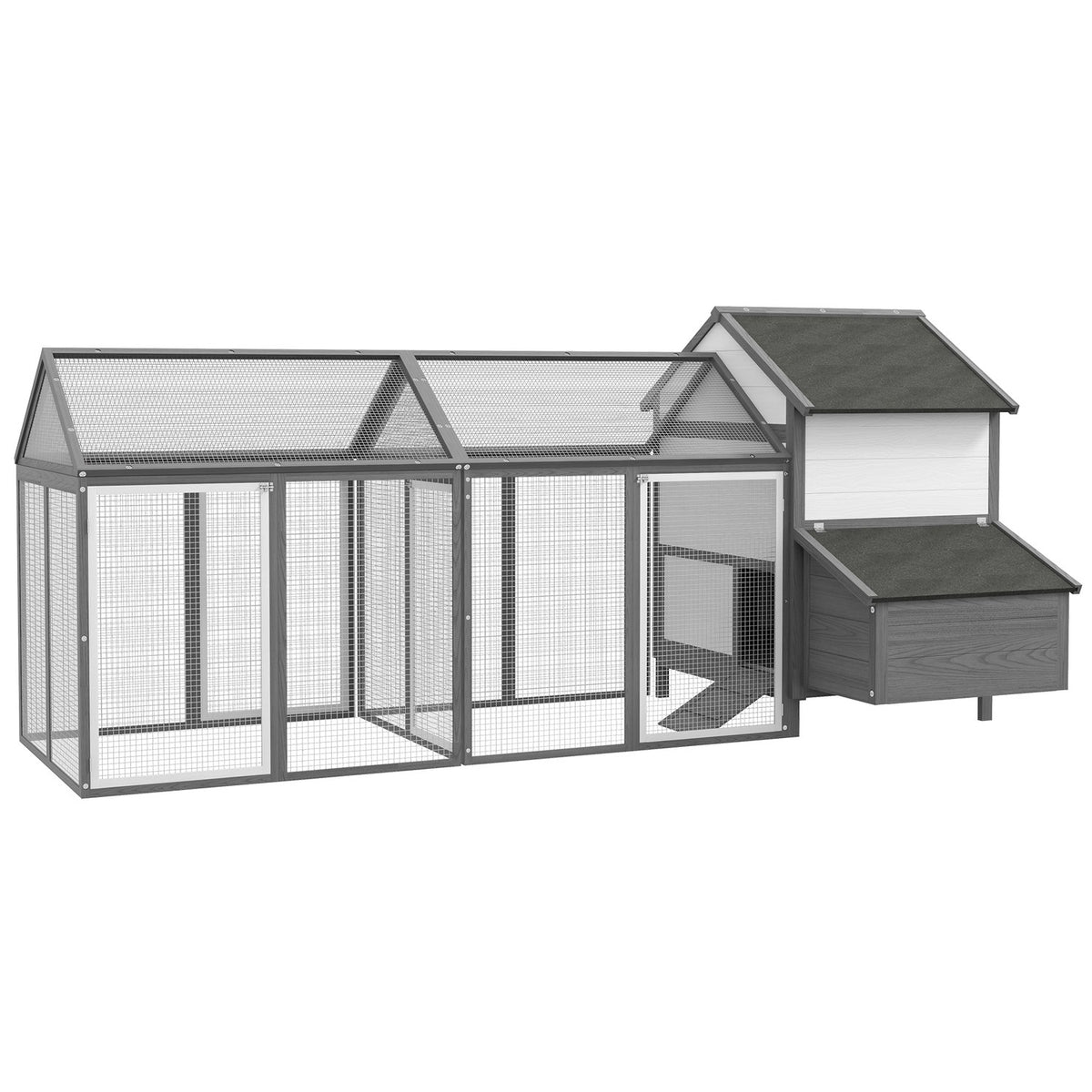 Wooden Chicken Coop With Nesting Box, Ramp, Double Playpen, Gray