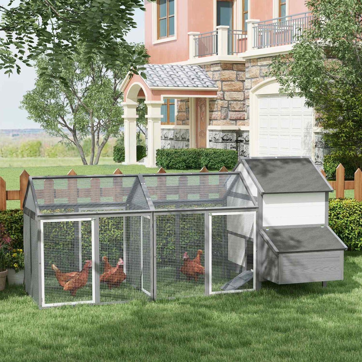 Wooden Chicken Coop With Nesting Box, Ramp, Double Playpen, Gray