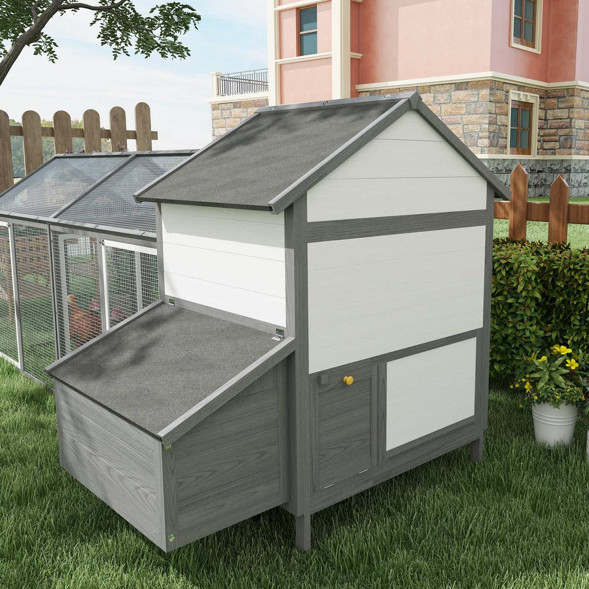 Wooden Chicken Coop With Nesting Box, Ramp, Double Playpen, Gray
