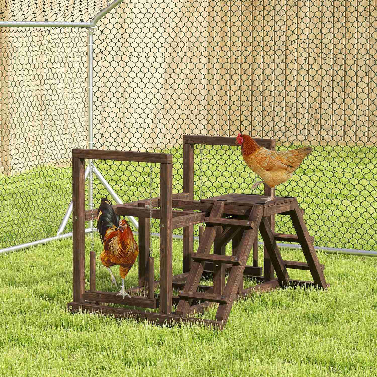 Wooden Chicken Play Frame, Playground for Chickens with Chicken Perches, Swing, Ladder, Platforms Chicken Climbing Frame for 3 Chickens Brown |