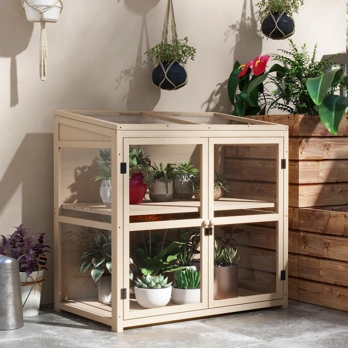 Wooden Cold Frame 2 Tier Greenhouse With Double Door & Skylight, Windproof, Natural, 103X61X103Cm