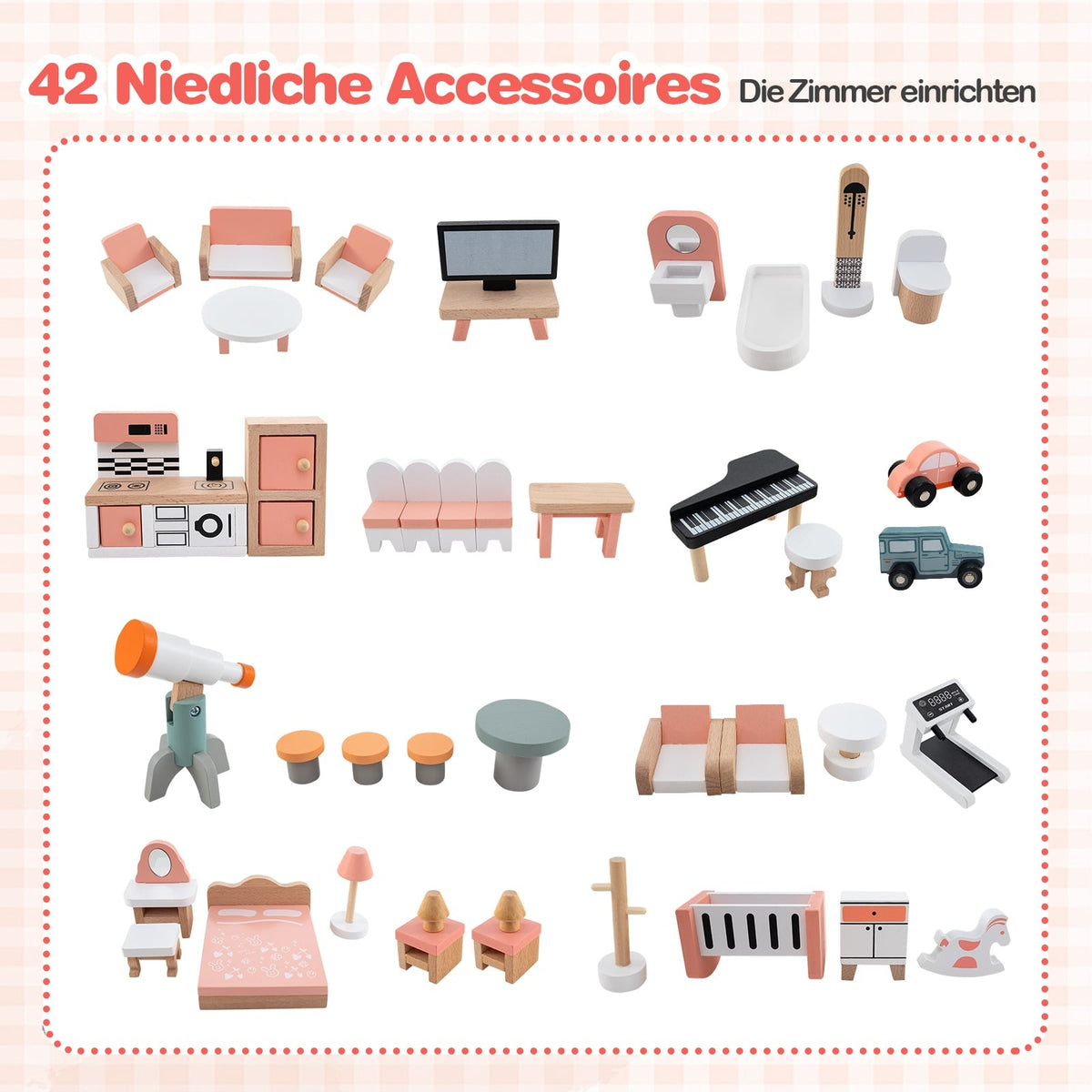 Wooden Corner Dollhouse with Pink Roof, 41 Accessories
