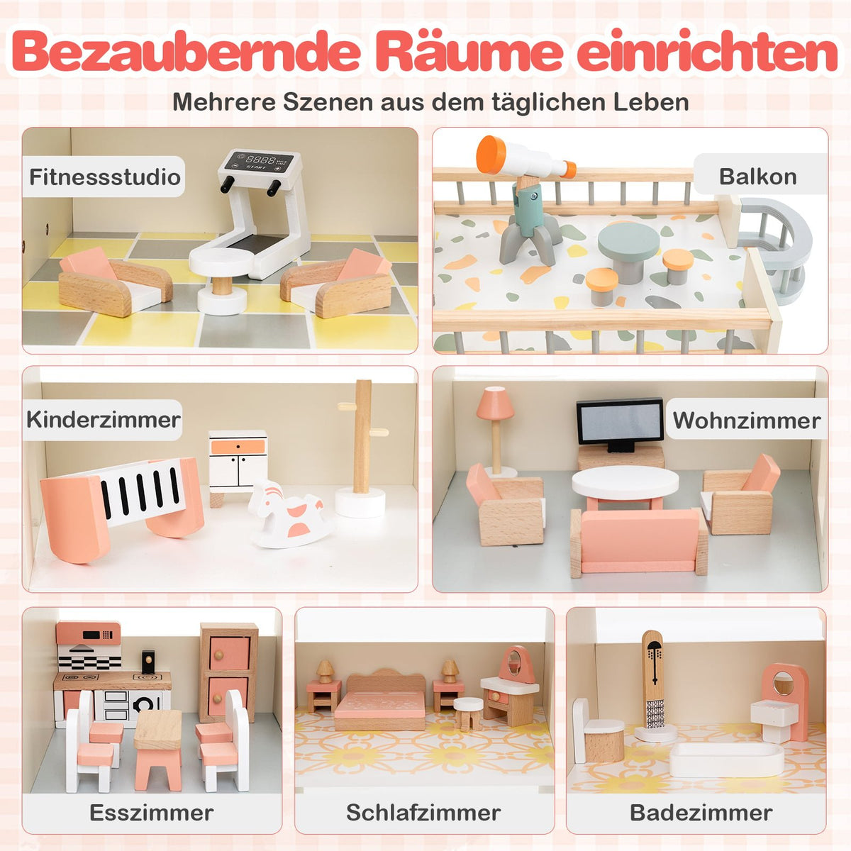 Wooden Corner Dollhouse with Pink Roof, 41 Accessories