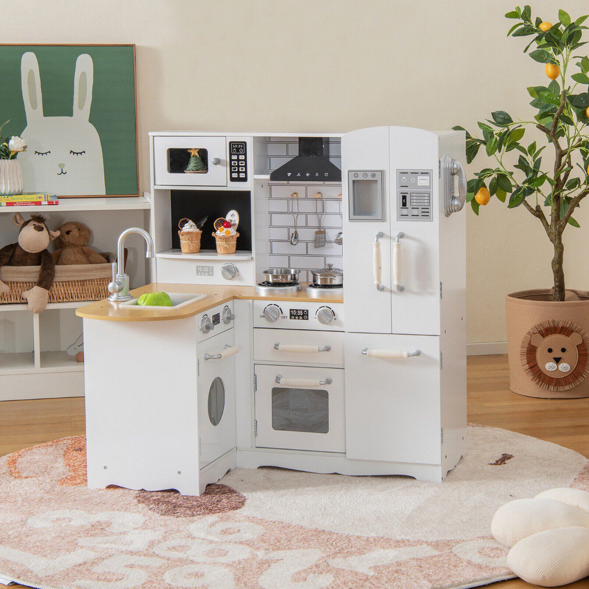 Wooden Corner Play Kitchen Set, White, 5 Accessories