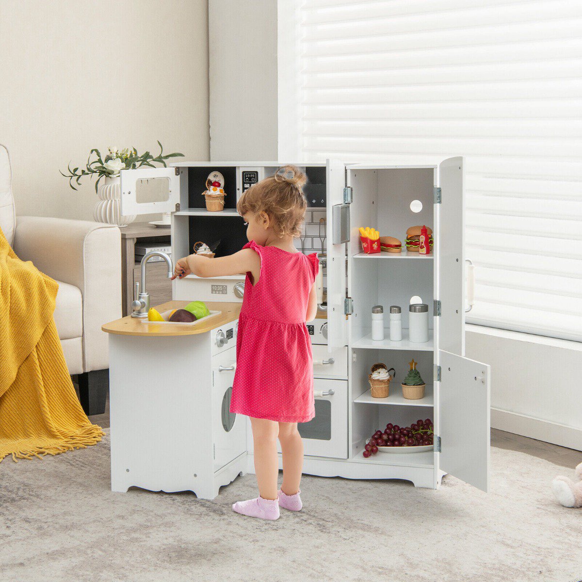 Wooden Corner Play Kitchen Set, White, 5 Accessories