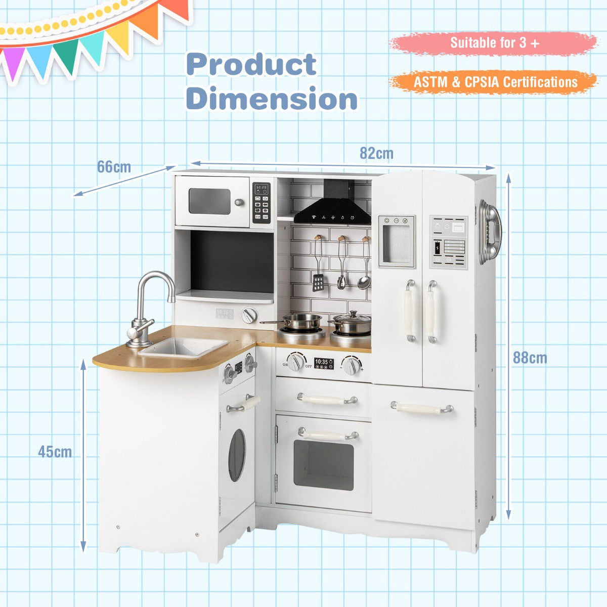 Wooden Corner Play Kitchen Set, White, 5 Accessories