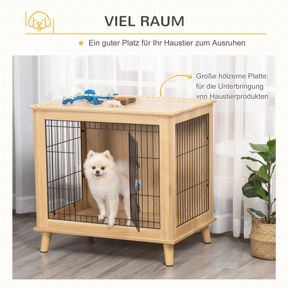 Wooden Dog Cage Transport Box With Table Top, Raised Design, Natural, 81X58.5X76 Cm