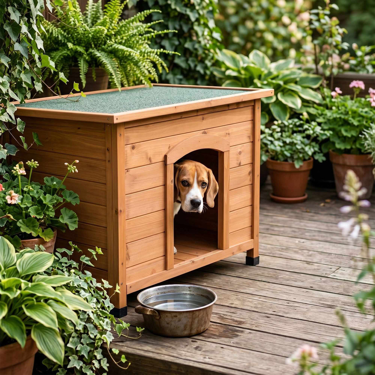 Wooden Dog House, Orange – Waterproof Roof, Raised Base
