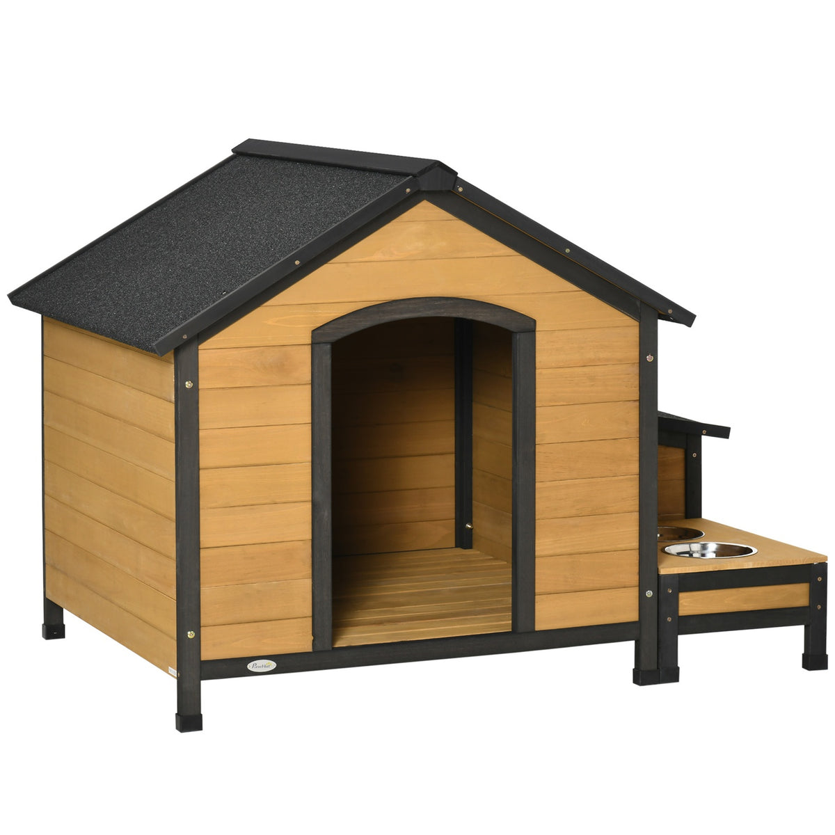 Wooden Dog Kennel Insulated Small Animal House With 2 Dog Bowls, Asphalt Roof, Outdoor, Weatherproof, Fir Wood