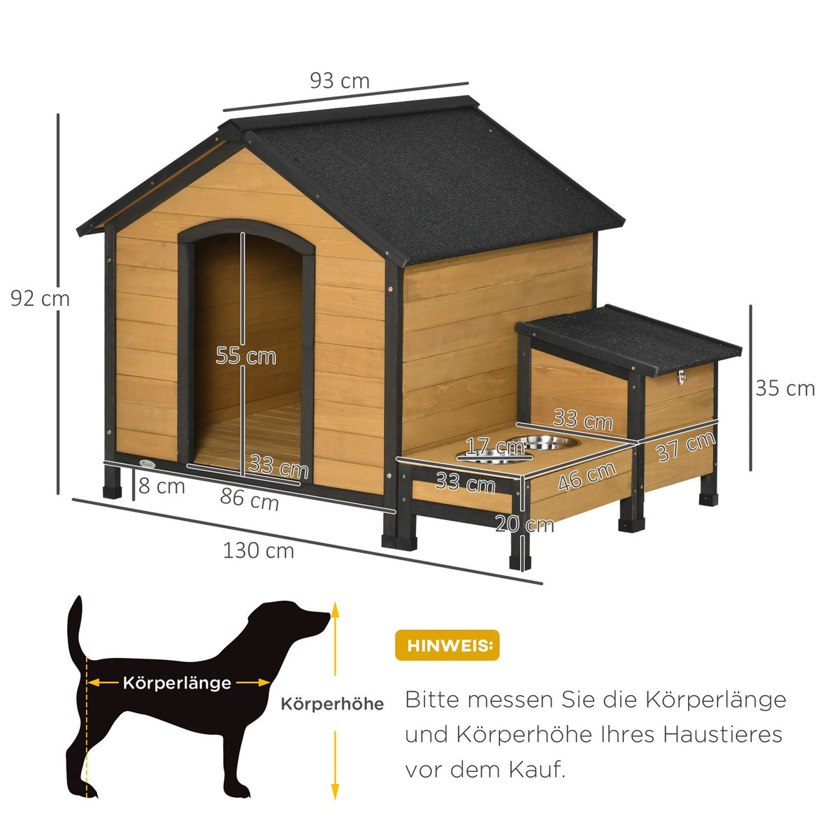 Wooden Dog Kennel Insulated Small Animal House With 2 Dog Bowls, Asphalt Roof, Outdoor, Weatherproof, Fir Wood