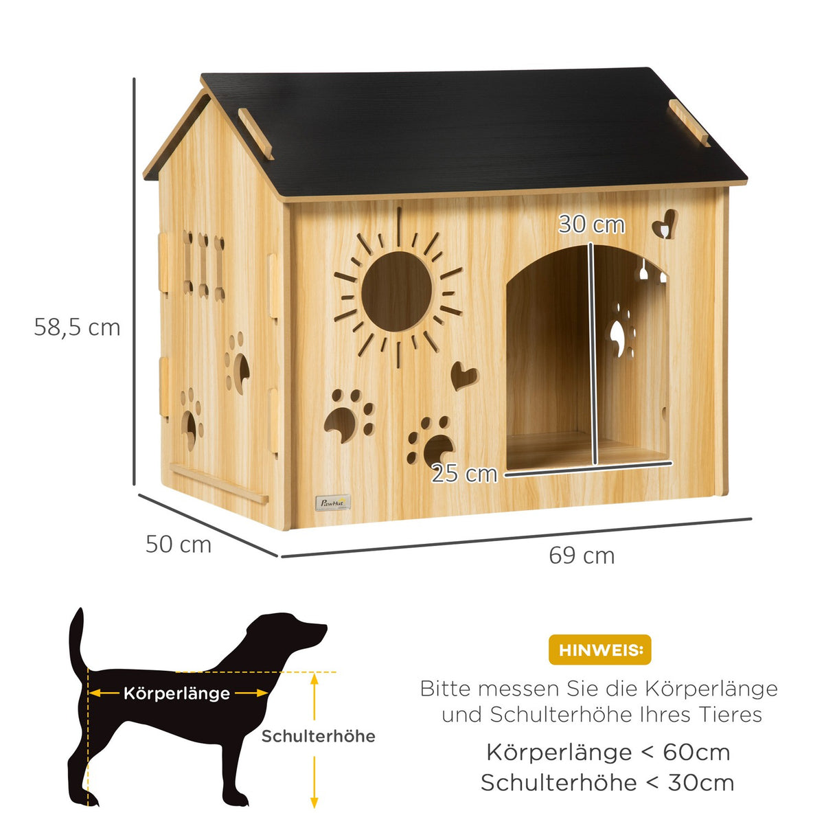 Wooden Dog Kennel Small Animal House With Ventilation Openings Dog House With Roof Dog Cave Indoor Mdf Oak + Black 69 X 50 X 58.5 Cm
