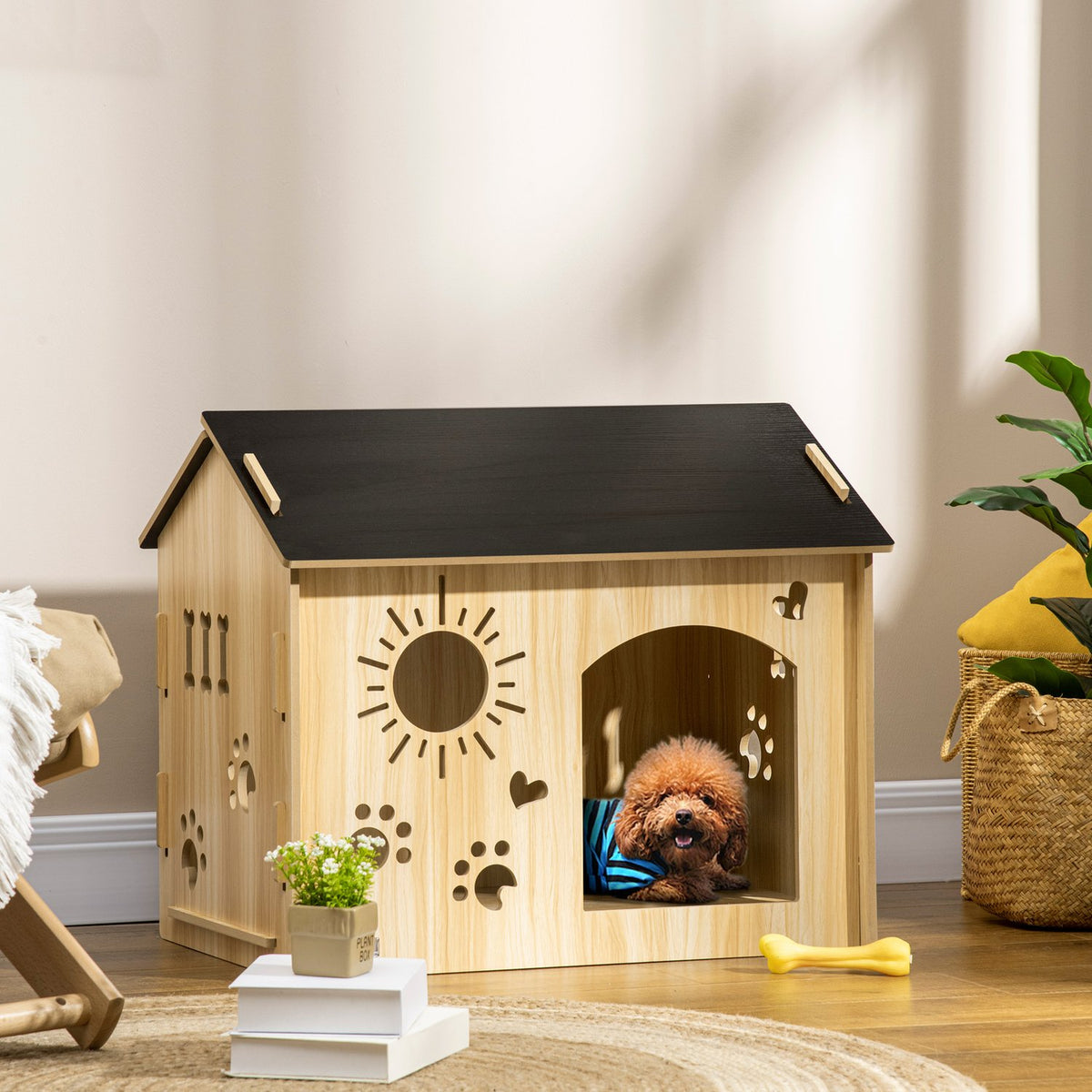 Wooden Dog Kennel Small Animal House With Ventilation Openings Dog House With Roof Dog Cave Indoor Mdf Oak + Black 69 X 50 X 58.5 Cm
