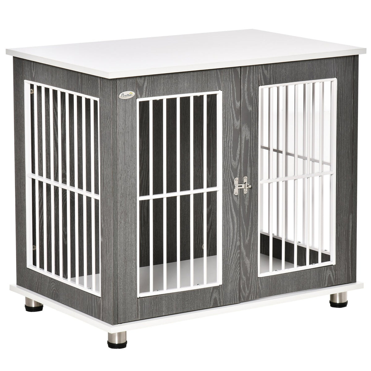 Wooden Dog Kennel Transport Box With Table Top & Cushion, Small Animal Cage, Side Table, Grey+White, 85X55X75Cm