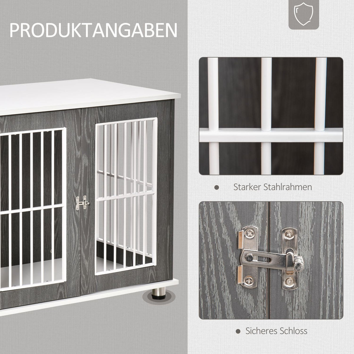 Wooden Dog Kennel Transport Box With Table Top & Cushion, Small Animal Cage, Side Table, Grey+White, 85X55X75Cm
