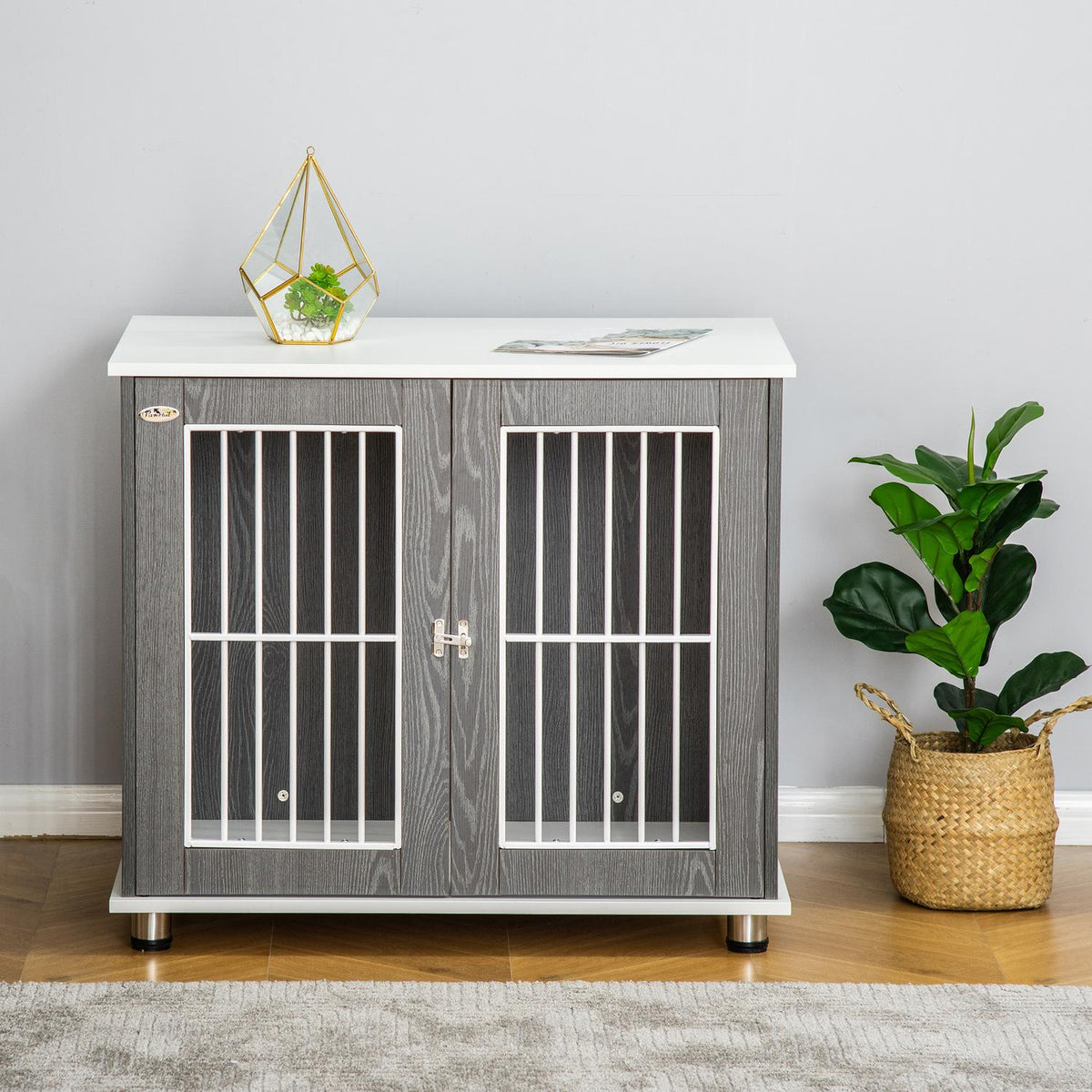 Wooden Dog Kennel Transport Box With Table Top & Cushion, Small Animal Cage, Side Table, Grey+White, 85X55X75Cm