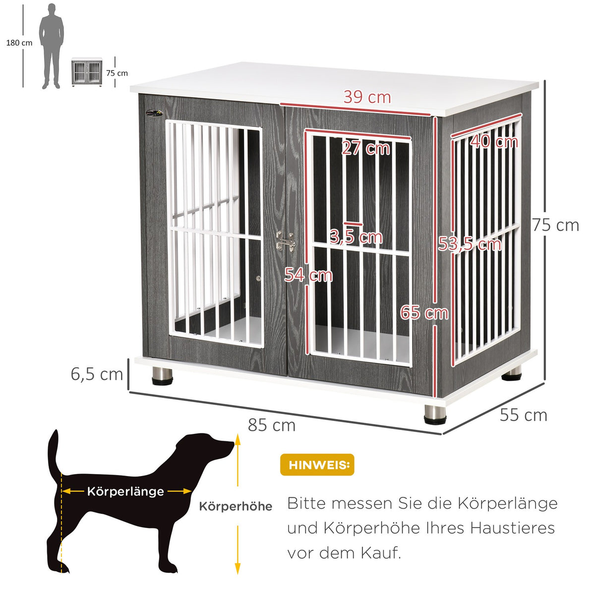 Wooden Dog Kennel Transport Box With Table Top & Cushion, Small Animal Cage, Side Table, Grey+White, 85X55X75Cm