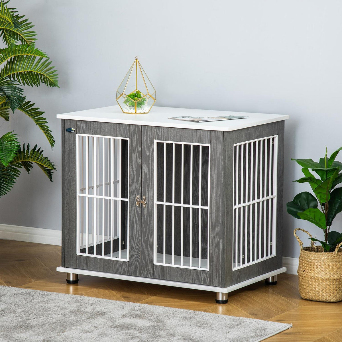 Wooden Dog Kennel Transport Box With Table Top & Cushion, Small Animal Cage, Side Table, Grey+White, 85X55X75Cm